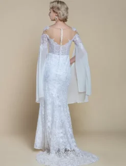 Boho Wedding Dress Polyester Tiered Mermaid With Train Natural Waist Zipper Long Sleeves Illusion Neckline Ivory