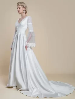 Boho Wedding Dress Polyester Lace Ball Gown With Train Natural Waist Backless Long Sleeves V-Neck Ivory