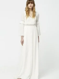 Boho Wedding Dress Stretch Crepe Lace A-Line Sweep Natural Waist Wedding Dress Functional Buttons Long Sleeves V-Neck Ivory