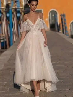 Boho Wedding Dress Tulle Lace A-Line With Train Natural Waist Zipper Short Sleeves V-Neck Ivory