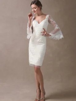 Boho Wedding Dresses Short Sheath Beach Bridal Dress Bell Sleeve Lace Applique V-Neckline Knee Length Summer Wedding Gowns Free Customization