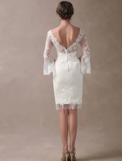 Boho Wedding Dresses Short Sheath Beach Bridal Dress Bell Sleeve Lace Applique V-Neckline Knee Length Summer Wedding Gowns Free Customization