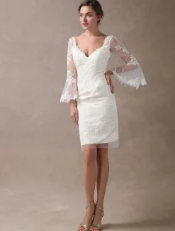 Boho Wedding Dresses Short Sheath Beach Bridal Dress Bell Sleeve Lace Applique V-Neckline Knee Length Summer Wedding Gowns Free Customization