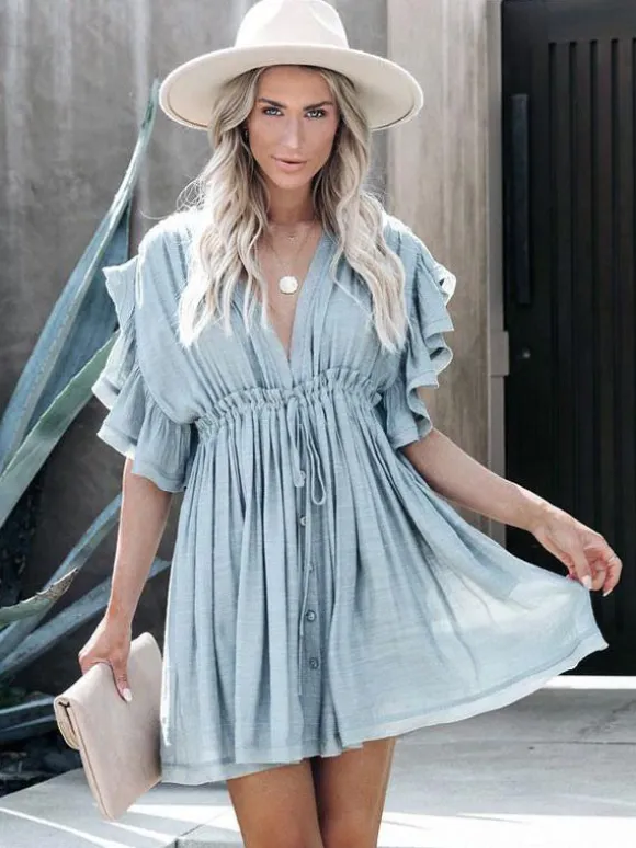 Boho Chic Women Babydoll Mini Dress - Ruffle Sleeve V Neck Button Front - Summer Beach Resort 2026