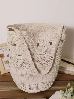 Boho Cotton Rope Crochet Bucket Tote Bag Hollow Woven Shoulder Bag Summer Beach Vacation Handbag