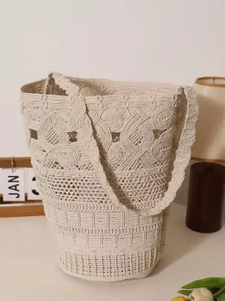 Boho Cotton Rope Crochet Bucket Tote Bag Hollow Woven Shoulder Bag Summer Beach Vacation Handbag