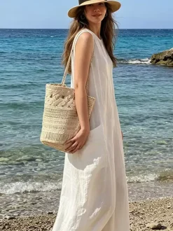 Boho Cotton Rope Crochet Bucket Tote Bag Hollow Woven Shoulder Bag Summer Beach Vacation Handbag