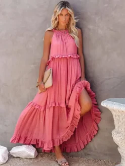Boho Halter Neck Maxi Shift Dress for Women - Ruffle Tiered Flowy Sun Dress - Summer Beach Vacation 2026
