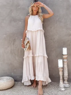 Boho Halter Neck Maxi Shift Dress for Women - Ruffle Tiered Flowy Sun Dress - Summer Beach Vacation 2026