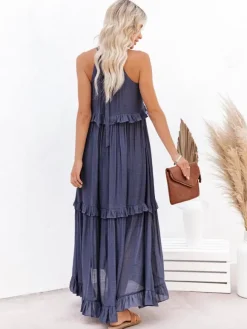 Boho Halter Neck Maxi Shift Dress for Women - Ruffle Tiered Flowy Sun Dress - Summer Beach Vacation 2026