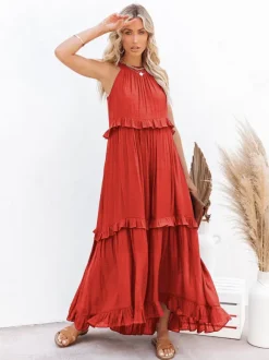 Boho Halter Neck Maxi Shift Dress for Women - Ruffle Tiered Flowy Sun Dress - Summer Beach Vacation 2026