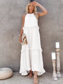 Boho Halter Neck Maxi Shift Dress for Women - Ruffle Tiered Flowy Sun Dress - Summer Beach Vacation 2026