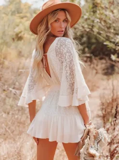 Boho Lace Eyelet Mini Dress for Women - Bell Sleeve V Neck Backless Dress - Beach Resort Music Festival 2026