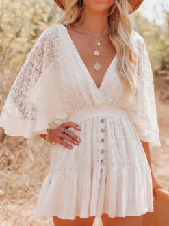 Boho Lace Eyelet Mini Dress for Women - Bell Sleeve V Neck Backless Dress - Beach Resort Music Festival 2026