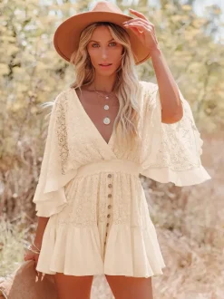 Boho Lace Eyelet Mini Dress for Women - Bell Sleeve V Neck Backless Dress - Beach Resort Music Festival 2026