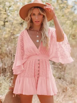 Boho Lace Eyelet Mini Dress for Women - Bell Sleeve V Neck Backless Dress - Beach Resort Music Festival 2026