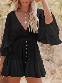 Boho Lace Eyelet Mini Dress for Women - Bell Sleeve V Neck Backless Dress - Beach Resort Music Festival 2026