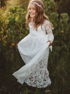 Boho Lace Flower Girl Dress Jewel Neck Long Sleeves Kids Social Party Dresses