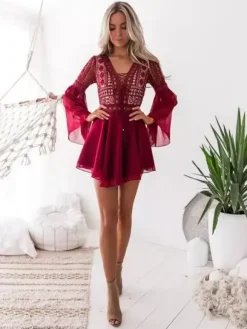 Boho Lace Mini Dress for Women - V Neck Bell Sleeve A Line Skater Dress - Spring Semi-formal Party Wear 2026