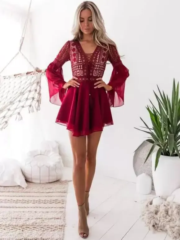 Boho Lace Mini Dress for Women - V Neck Bell Sleeve A Line Skater Dress - Spring Semi-formal Party Wear 2026