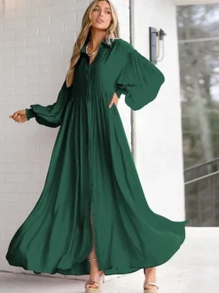 Boho Maxi Shirt Dress For Women- Long Puff Sleeve Casual Flowy Dress - Summer Vacation Beach Evening Wear 2026