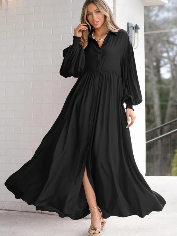 Boho Maxi Shirt Dress For Women- Long Puff Sleeve Casual Flowy Dress - Summer Vacation Beach Evening Wear 2026