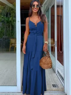 Boho Maxi Slip Dress for Women - Button Up Waist Tie Tiered Sundress - Summer Beach Vacation 2026