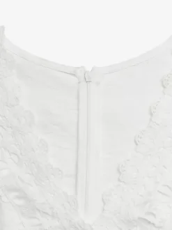 Boho Off-White Textured Jumpsuit V-Neck Ruffle Short Sleeve Crochet Lace Cutout High Waist Wide Leg Casual Playsuit
