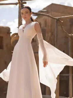 Boho Simple Wedding Dress Chiffon V-Neck 3/4 Length Sleeves Lace A-Line Bridal Gowns