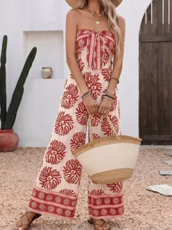 Boho Strapless Floral Print Wide Leg Jumpsuit Women Vacation Beach Outfit
