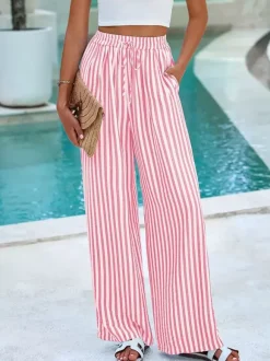 Boho Striped Wide Leg Pants For Women - Vertical Print High Waisted Drawstring Palazzo Trousers - Summer Beach Resort 2026