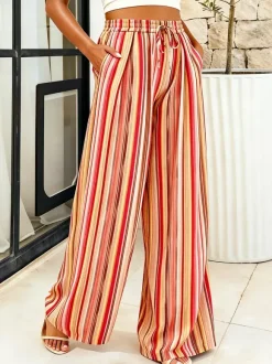Boho Striped Wide Leg Pants For Women - Vertical Print High Waisted Drawstring Palazzo Trousers - Summer Beach Resort 2026