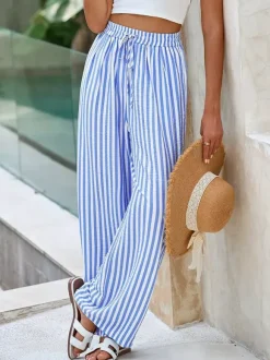 Boho Striped Wide Leg Pants For Women - Vertical Print High Waisted Drawstring Palazzo Trousers - Summer Beach Resort 2026