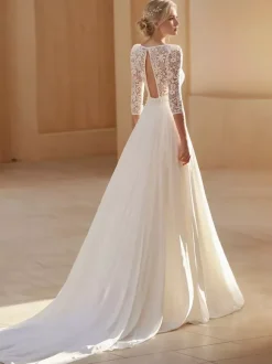 Boho Wedding Dress Chiffon Cut Out A-Line With Train Natural Waist Backless 3/4 Length Sleeves Square Neck Ivory