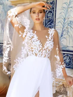 Boho Wedding Dress Chiffon Lace Ball Gown Floor-Length Natural Waist Zipper Long Sleeves V-Neck Ivory