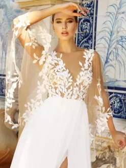 Boho Wedding Dress Chiffon Lace Ball Gown Floor-Length Natural Waist Zipper Long Sleeves V-Neck Ivory