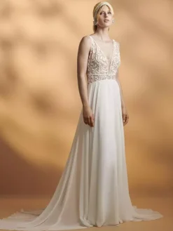 Boho Wedding Dress Chiffon Lace A-Line With Train Natural Waist Zipper Sleeveless V-Neck White