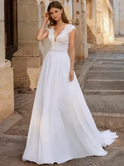 Boho Wedding Dress Chiffon Lace A-Line Sweep Natural Waist Backless Sleeveless V-Neck Ivory