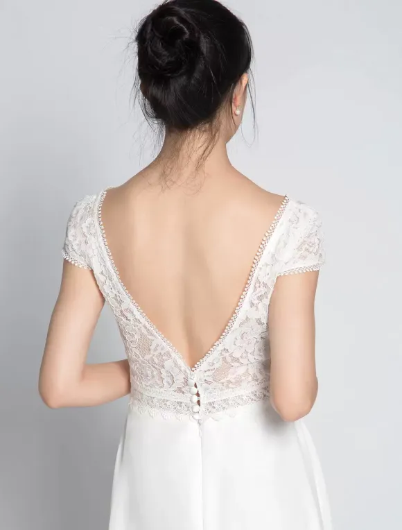 Boho Wedding Dress Chiffon Lace A-Line With Train Natural Waist Backless Short Sleeves V-Neck Ivory