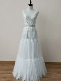 Boho Wedding Dresses A Line Deep V Neck Floor Length Sleeveless Lace Backless Bridal Gowns