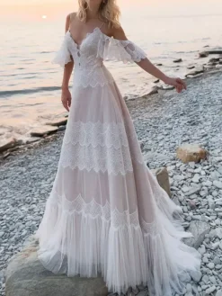 Boho Wedding Dresses 2026 A Line Deep V Neck Straps Lace Short Sleeve Bridal Gown For Beach Wedding With Sweep Train