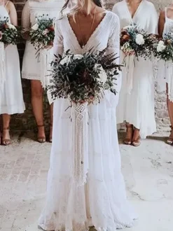 Boho Wedding Dresses 2026 A Line Deep V Neck Multilayer Lace Chiffon Beach Party Dress Hippie Bridal Gowns Free Customization