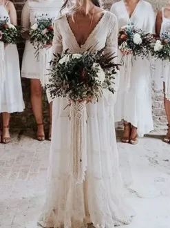 Boho Wedding Dresses 2026 A Line Deep V Neck Multilayer Lace Chiffon Beach Party Dress Hippie Bridal Gowns Free Customization