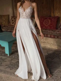 Boho Wedding Dresses 2026 Lace V Neck Sleeveless Beaded Backless Double Splits Chiffon Beach Bridal Gowns