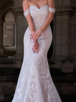 Boho Wedding Dresses 2026 Mermaid Off The Shoulder Free Customized Lace Short Sleeve Floor Length Bridal Gown With Sweep Train