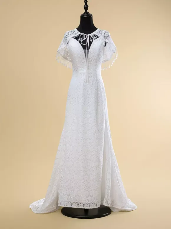 Boho Wedding Dress Lace Fringe Sheath With Train Natural Waist Zipper Sleeveless V-Neck Ivory