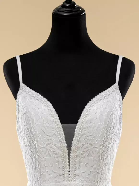 Boho Wedding Dress Lace Fringe Sheath With Train Natural Waist Zipper Sleeveless V-Neck Ivory