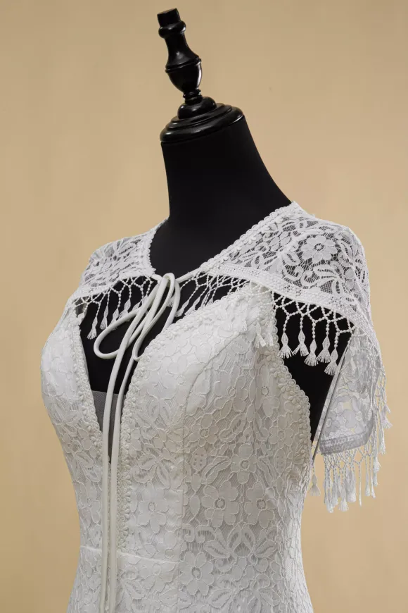 Boho Wedding Dress Lace Fringe Sheath With Train Natural Waist Zipper Sleeveless V-Neck Ivory