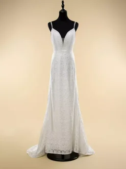 Boho Wedding Dress Lace Fringe Sheath With Train Natural Waist Zipper Sleeveless V-Neck Ivory