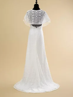Boho Wedding Dress Lace Fringe Sheath With Train Natural Waist Zipper Sleeveless V-Neck Ivory